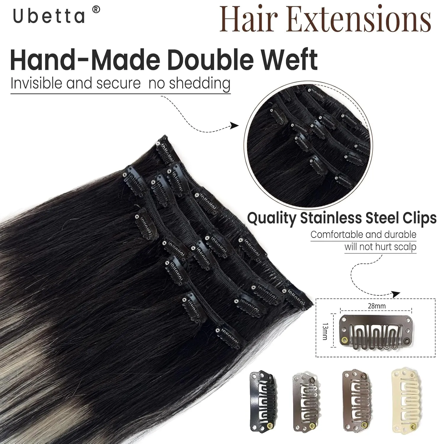 Clip in Hair Extensions Real Human Hair, Ombre Black Balayage Silver Highllights Hair Extension Real Human Hair Clip ins 16 Inch 7pcs Double Weft Hair Extensions Remy Human Hair Clip in Extensions