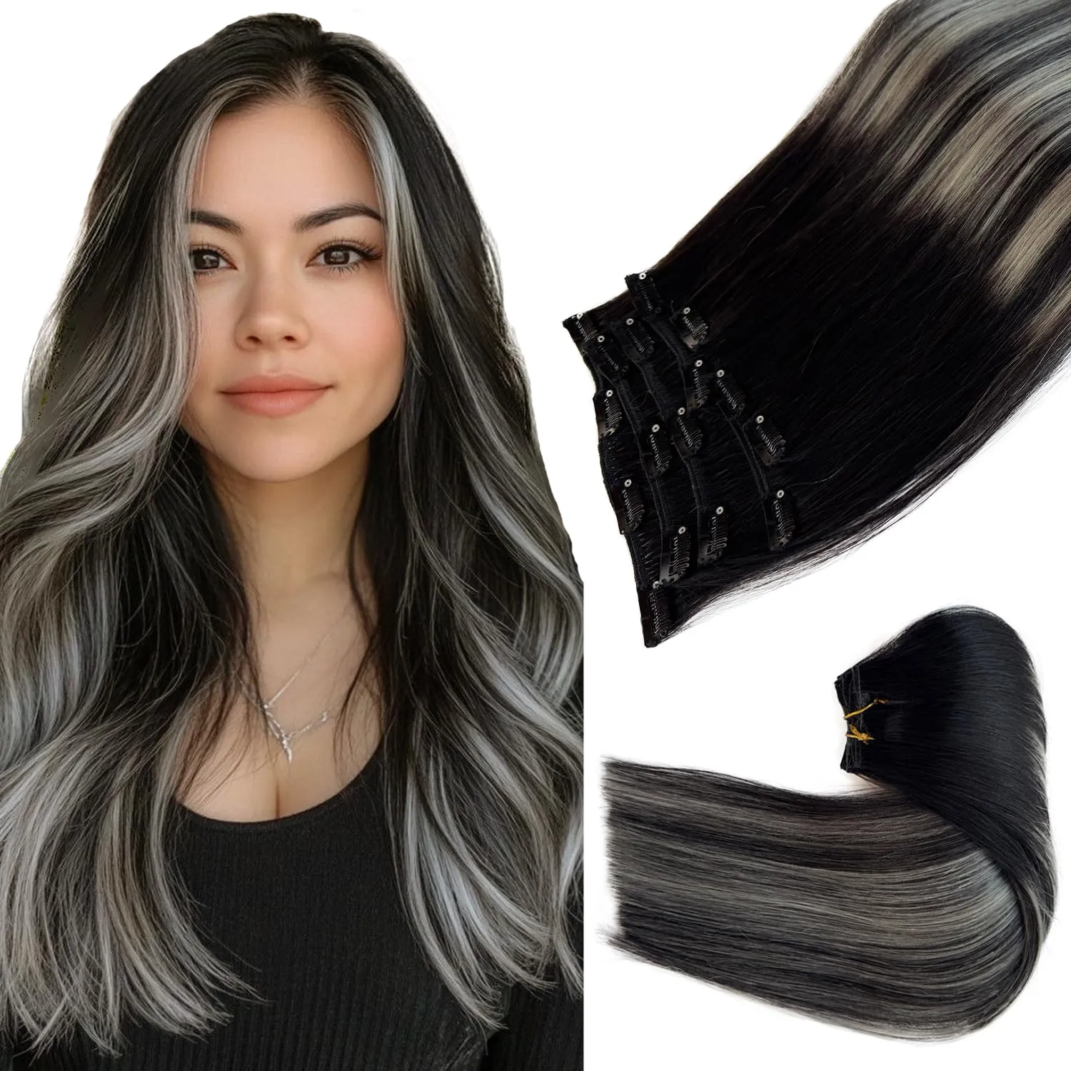 Clip in Hair Extensions Real Human Hair, Ombre Black Balayage Silver Highllights Hair Extension Real Human Hair Clip ins 16 Inch 7pcs Double Weft Hair Extensions Remy Human Hair Clip in Extensions