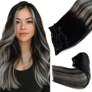 Clip in Hair Extensions Real Human Hair, Ombre Black Balayage Silver Highllights Hair Extension Real Human Hair Clip ins 16 Inch 7pcs Double Weft Hair Extensions Remy Human Hair Clip in Extensions