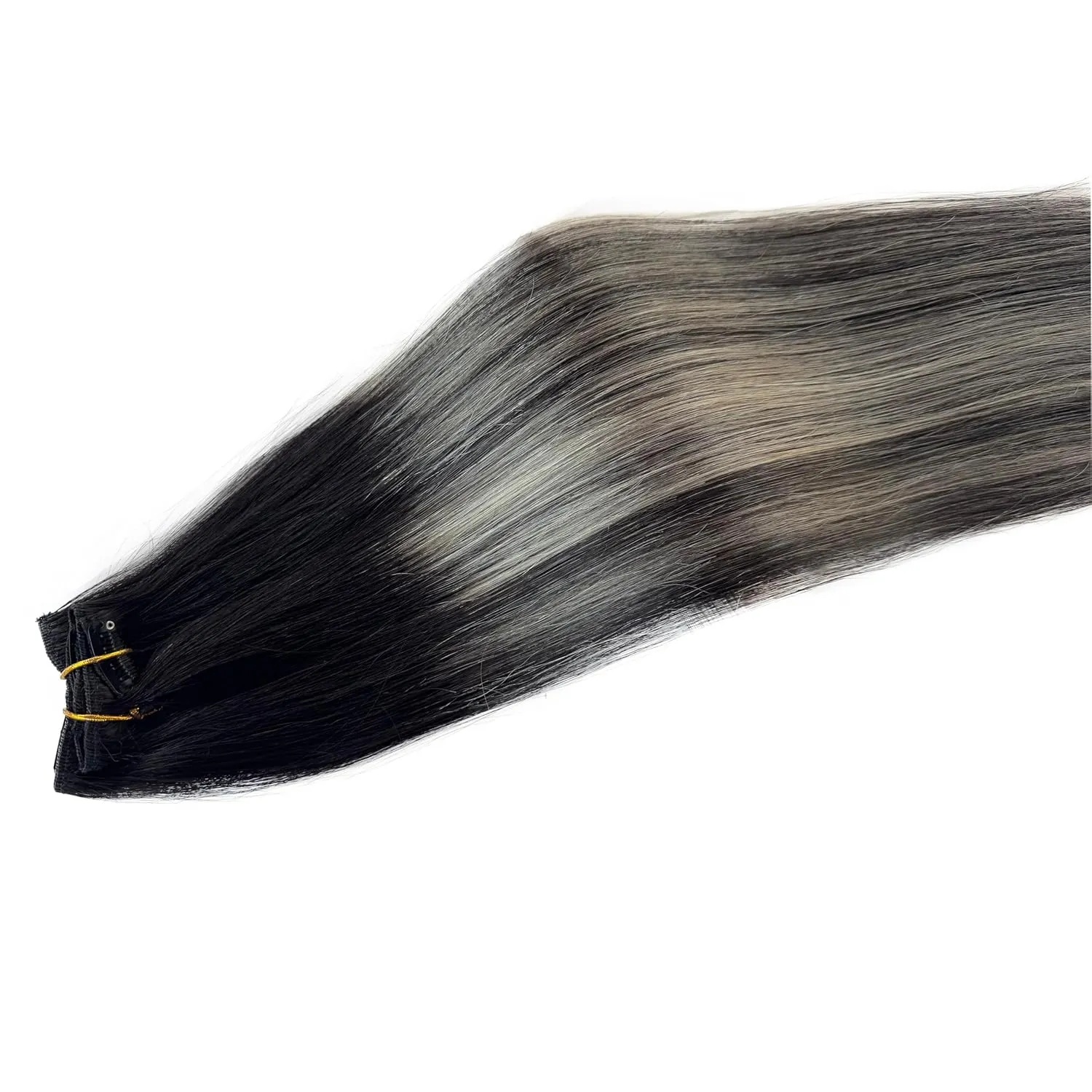 Clip in Hair Extensions Real Human Hair, Ombre Black Balayage Silver Highllights Hair Extension Real Human Hair Clip ins 16 Inch 7pcs Double Weft Hair Extensions Remy Human Hair Clip in Extensions