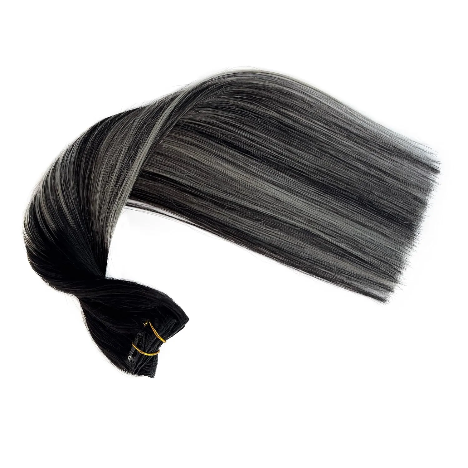 Clip in Hair Extensions Real Human Hair, Ombre Black Balayage Silver Highllights Hair Extension Real Human Hair Clip ins 16 Inch 7pcs Double Weft Hair Extensions Remy Human Hair Clip in Extensions