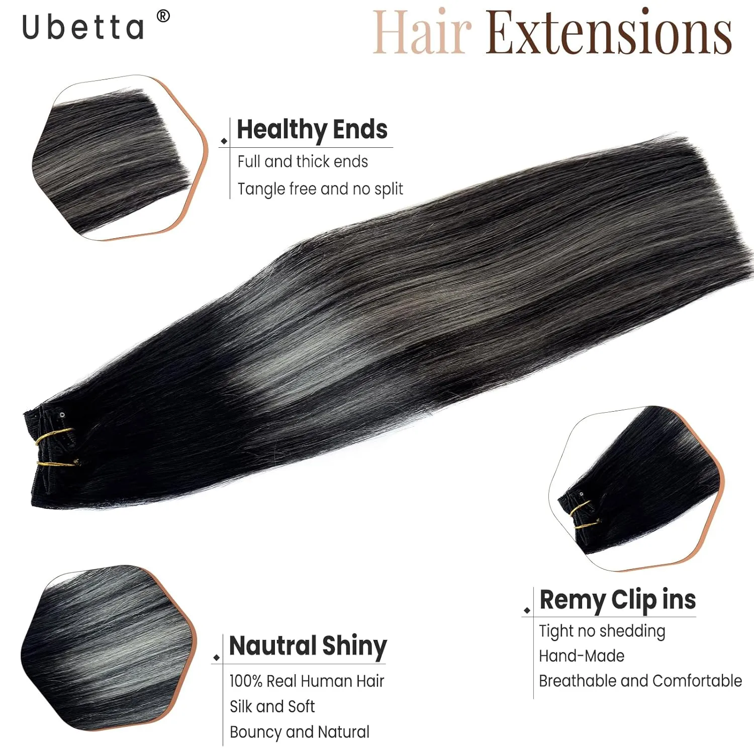 Clip in Hair Extensions Real Human Hair, Ombre Black Balayage Silver Highllights Hair Extension Real Human Hair Clip ins 16 Inch 7pcs Double Weft Hair Extensions Remy Human Hair Clip in Extensions