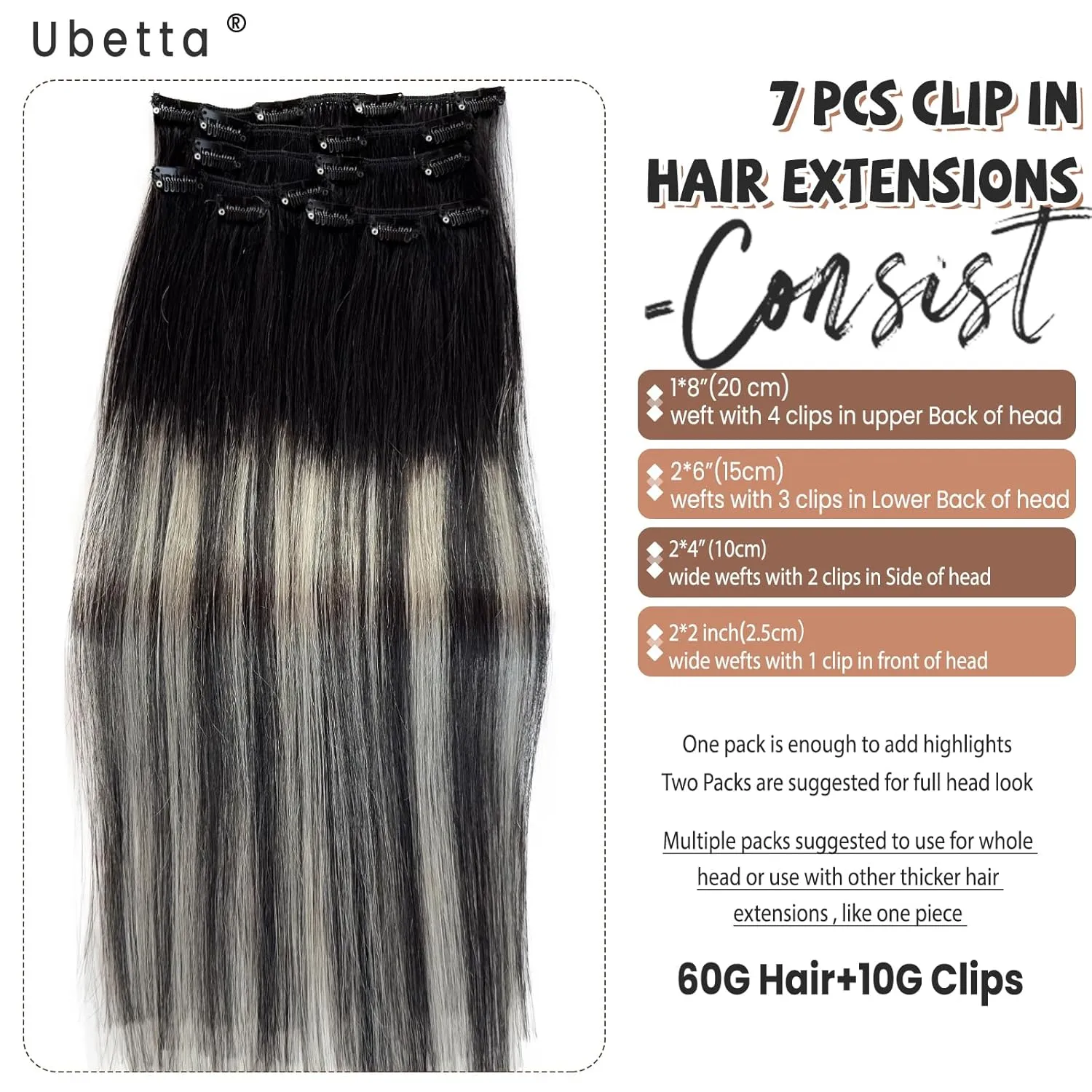 Clip in Hair Extensions Real Human Hair, Ombre Black Balayage Silver Highllights Hair Extension Real Human Hair Clip ins 16 Inch 7pcs Double Weft Hair Extensions Remy Human Hair Clip in Extensions