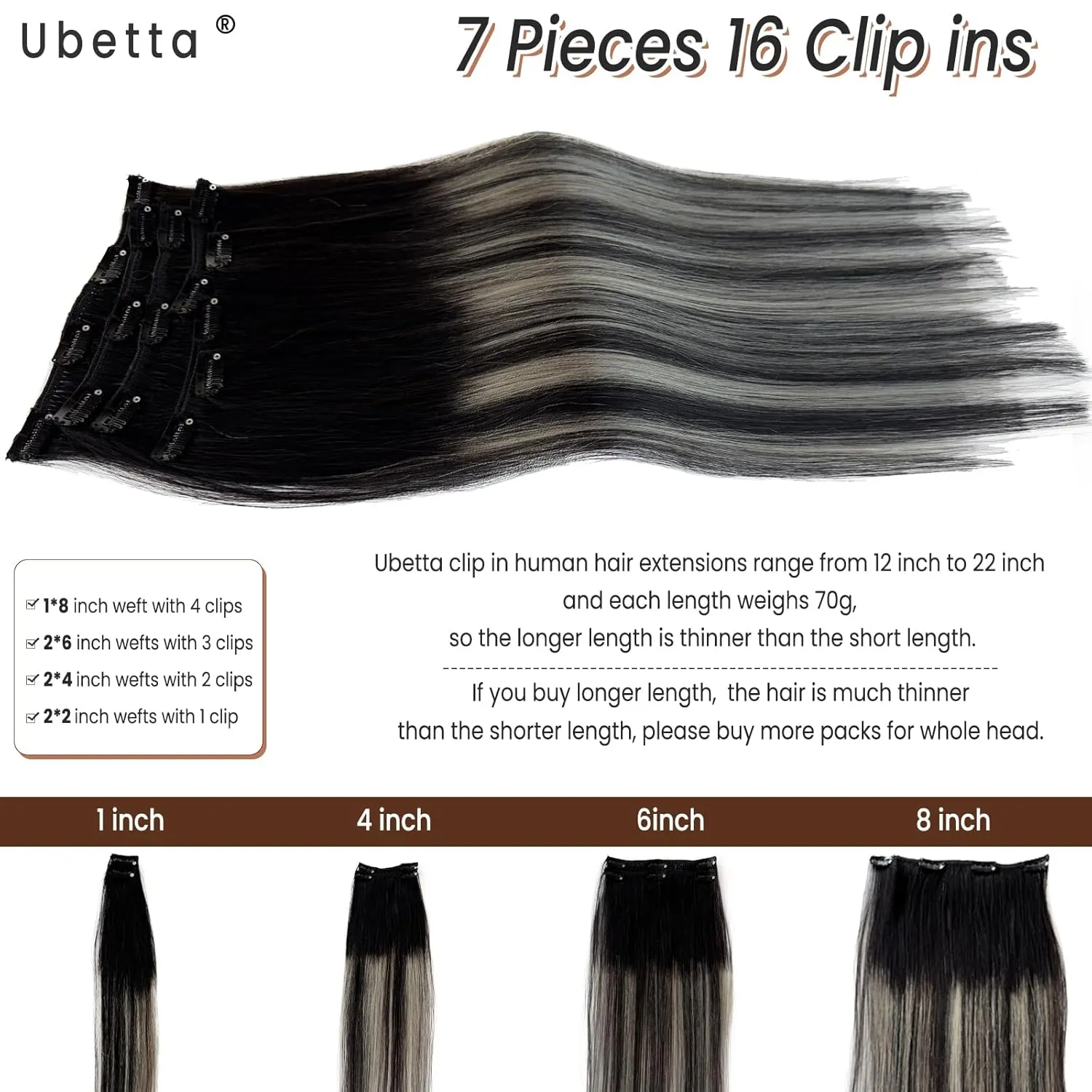 Clip in Hair Extensions Real Human Hair, Ombre Black Balayage Silver Highllights Hair Extension Real Human Hair Clip ins 16 Inch 7pcs Double Weft Hair Extensions Remy Human Hair Clip in Extensions