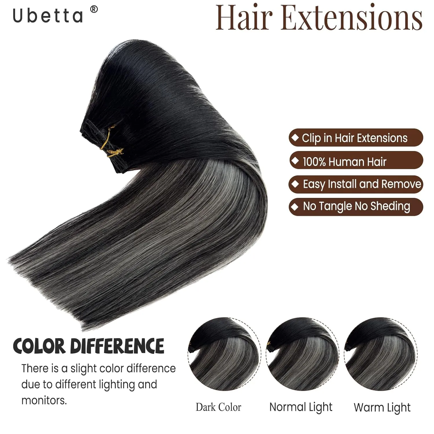 Clip in Hair Extensions Real Human Hair, Ombre Black Balayage Silver Highllights Hair Extension Real Human Hair Clip ins 16 Inch 7pcs Double Weft Hair Extensions Remy Human Hair Clip in Extensions