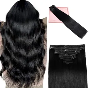 Clip in Hair Extensions Real Human Hair, Remy Human Hair Extensions Clip ins for Women, 100% Natural Human Hair, Double Weftm, #1 Jet Black 90g 8Pcs 16inch