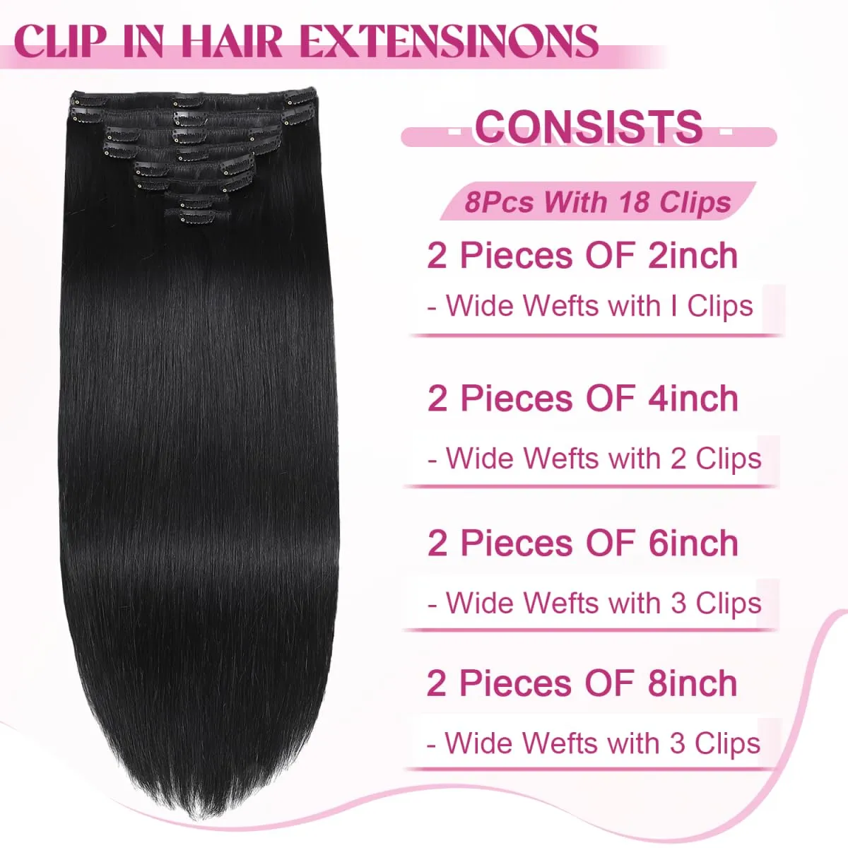 Clip in Hair Extensions Real Human Hair, Remy Human Hair Extensions Clip ins for Women, 100% Natural Human Hair, Double Weftm, #1 Jet Black 90g 8Pcs 16inch