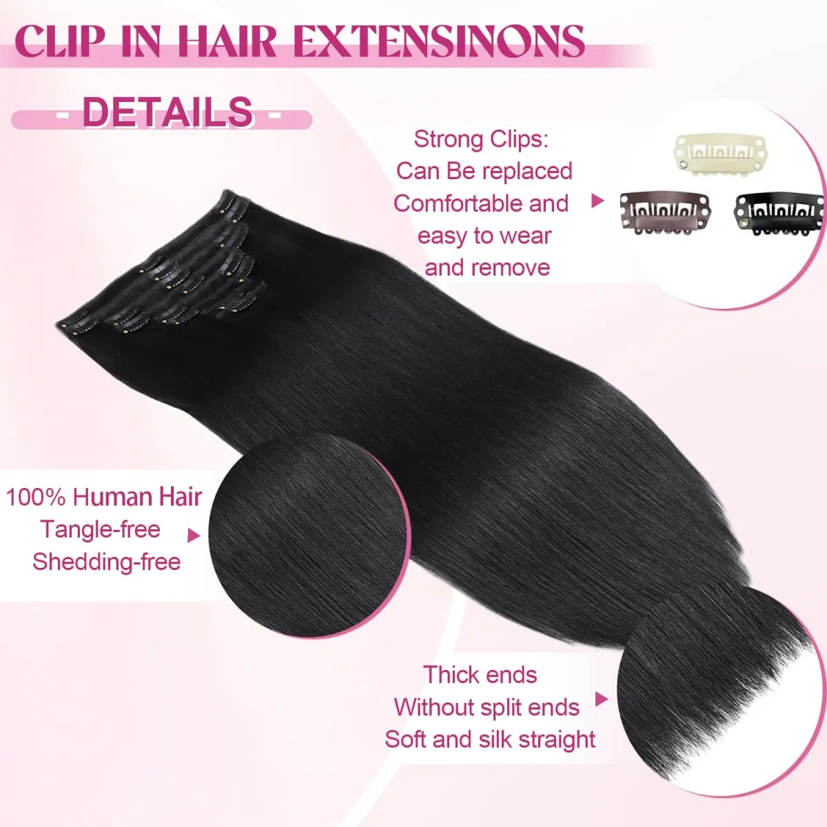 Clip in Hair Extensions Real Human Hair, Remy Human Hair Extensions Clip ins for Women, 100% Natural Human Hair, Double Weftm, #1 Jet Black 90g 8Pcs 16inch
