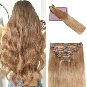 Clip in Hair Extensions Real Human Hair, Remy Human Hair Extensions Clip ins for Women, 100% Natural Human Hair, Double Weftm, 16inch 90g 8Pcs, #27 Honey Blonde