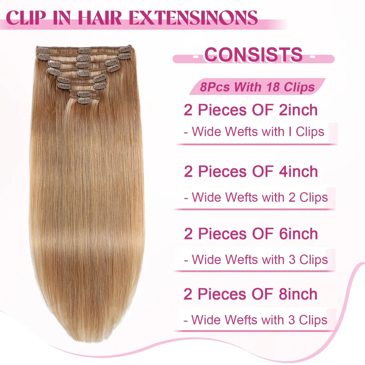 Clip in Hair Extensions Real Human Hair, Remy Human Hair Extensions Clip ins for Women, 100% Natural Human Hair, Double Weftm, 16inch 90g 8Pcs, #27 Honey Blonde