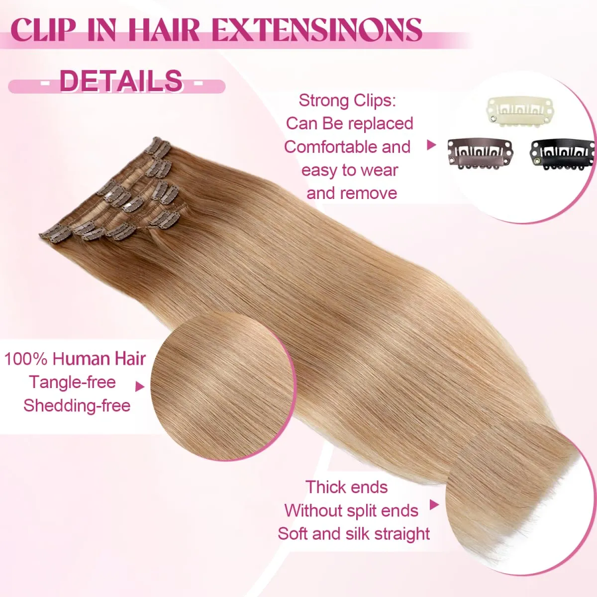 Clip in Hair Extensions Real Human Hair, Remy Human Hair Extensions Clip ins for Women, 100% Natural Human Hair, Double Weftm, 16inch 90g 8Pcs, #27 Honey Blonde