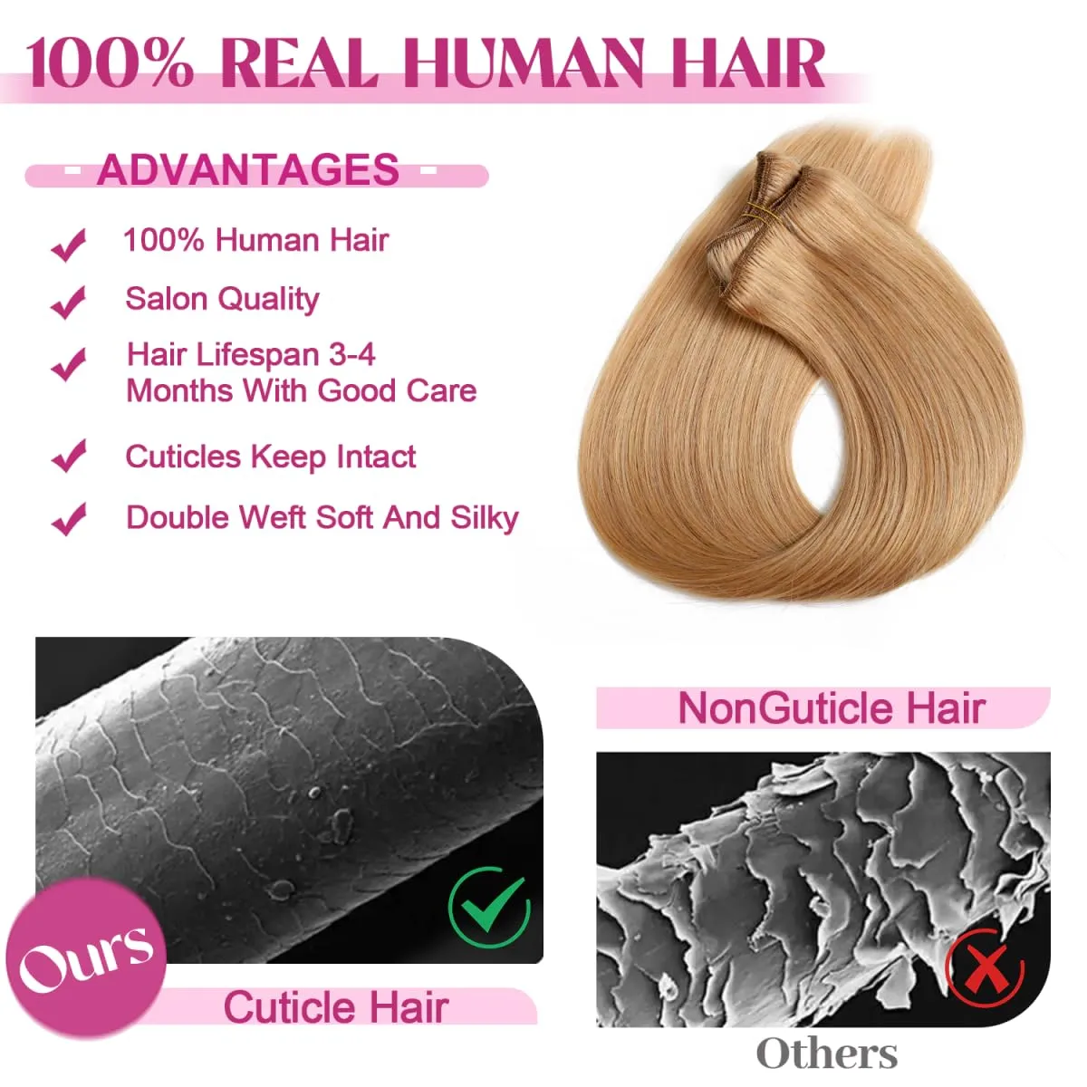 Clip in Hair Extensions Real Human Hair, Remy Human Hair Extensions Clip ins for Women, 100% Natural Human Hair, Double Weftm, 16inch 90g 8Pcs, #27 Honey Blonde