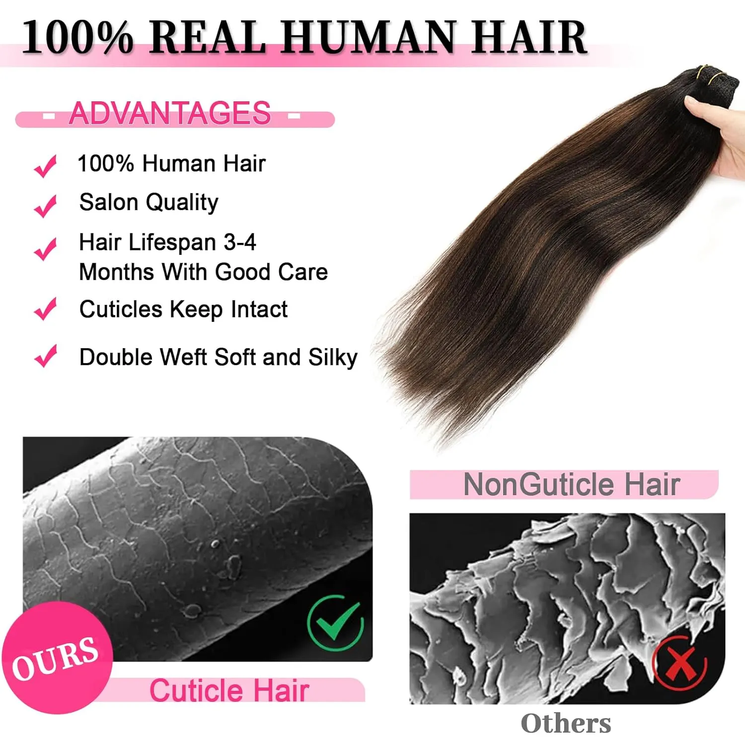 Clip in Hair Extensions Real Human Hair Yaki Straight Clip ins Natural Black to Piano Color Black With Chocolate Brown Hair Extensions Clip in Double Weft Yaki Clip ins 14 Inch 7Pcs 120g
