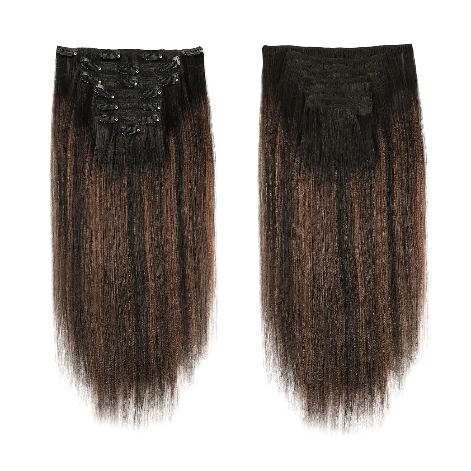 Clip in Hair Extensions Real Human Hair Yaki Straight Clip ins Natural Black to Piano Color Black With Chocolate Brown Hair Extensions Clip in Double Weft Yaki Clip ins 14 Inch 7Pcs 120g