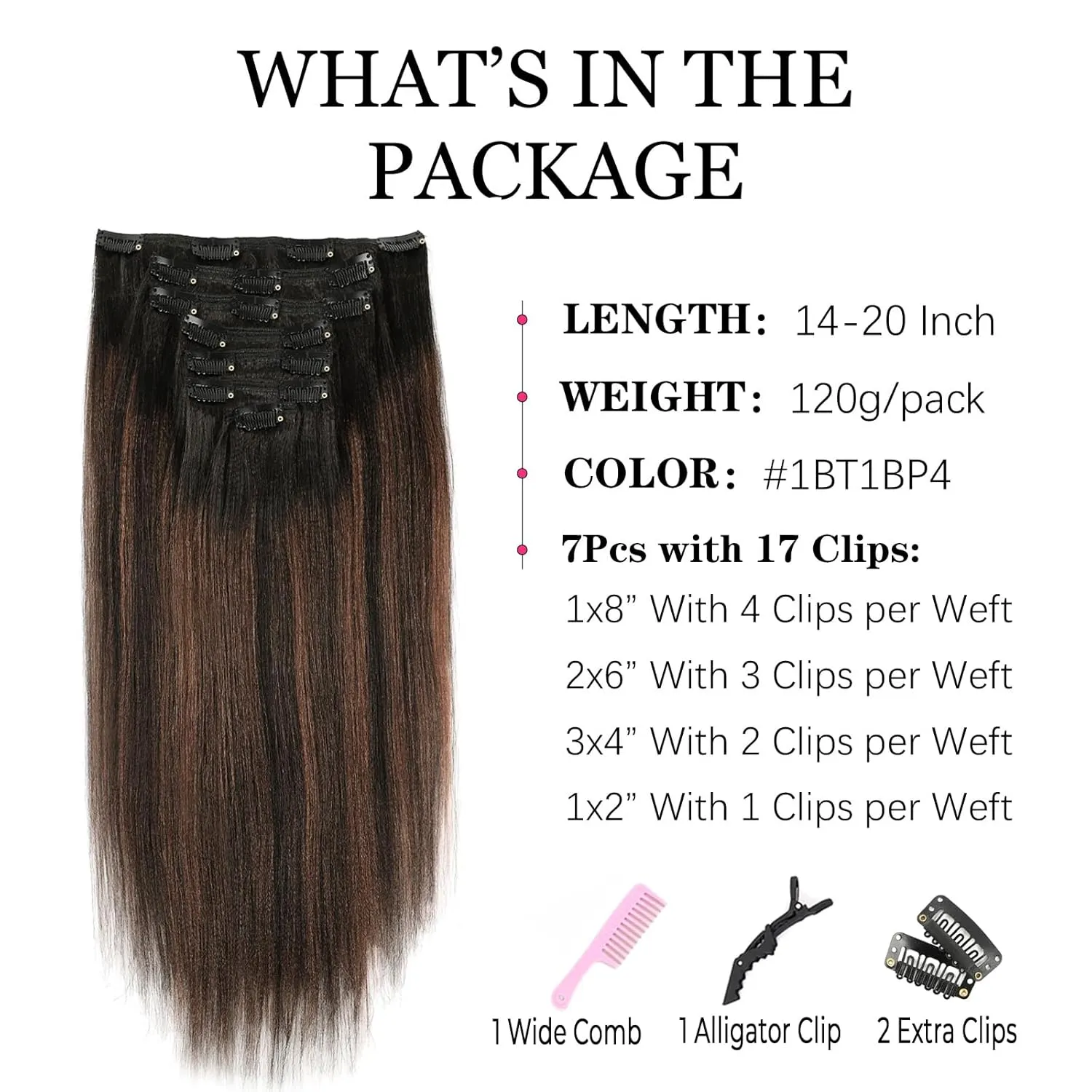 Clip in Hair Extensions Real Human Hair Yaki Straight Clip ins Natural Black to Piano Color Black With Chocolate Brown Hair Extensions Clip in Double Weft Yaki Clip ins 14 Inch 7Pcs 120g