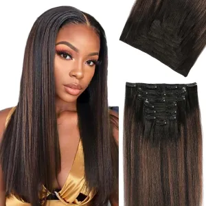 Clip in Hair Extensions Real Human Hair Yaki Straight Clip ins Natural Black to Piano Color Black With Chocolate Brown Hair Extensions Clip in Double Weft Yaki Clip ins 14 Inch 7Pcs 120g