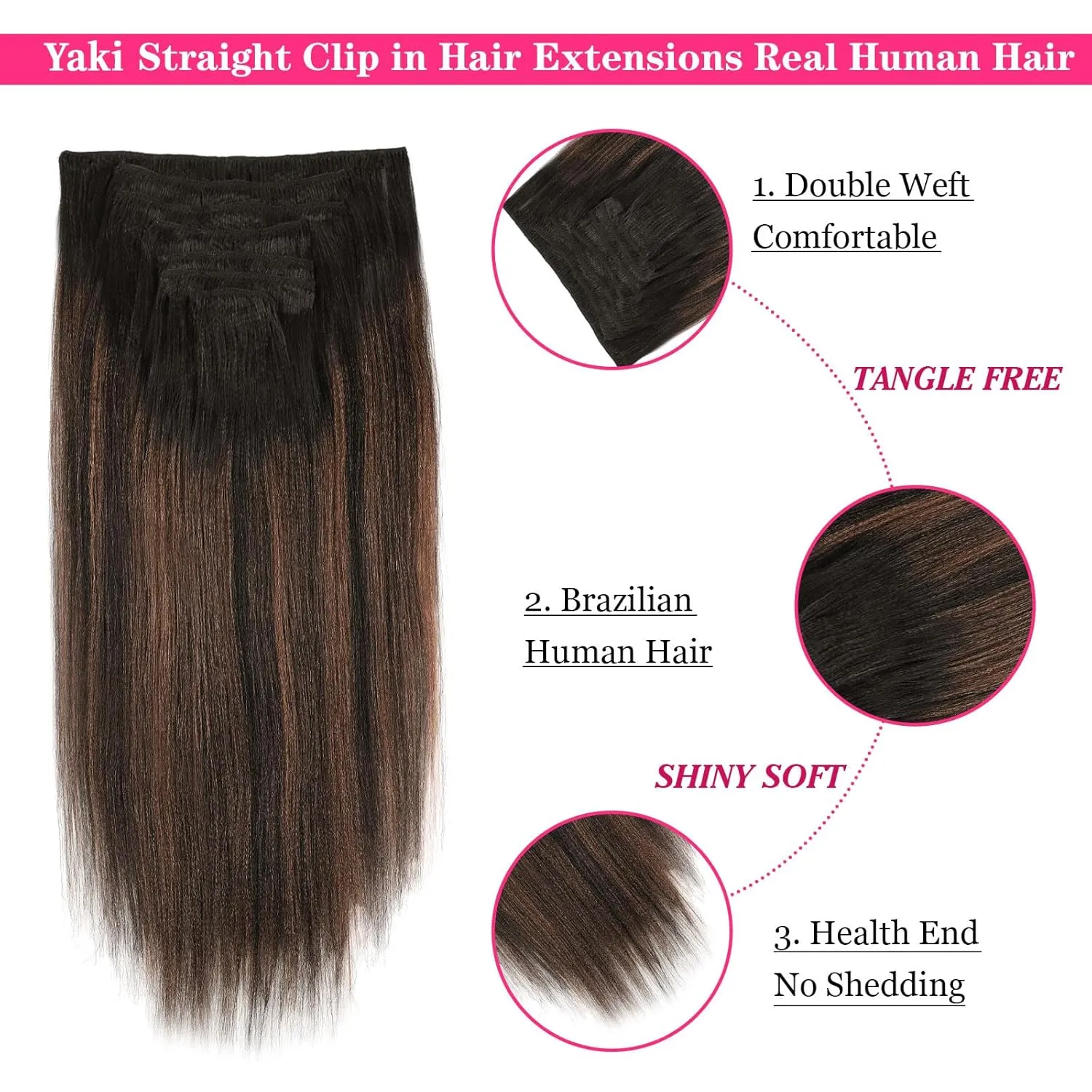 Clip in Hair Extensions Real Human Hair Yaki Straight Clip ins Natural Black to Piano Color Black With Chocolate Brown Hair Extensions Clip in Double Weft Yaki Clip ins 14 Inch 7Pcs 120g