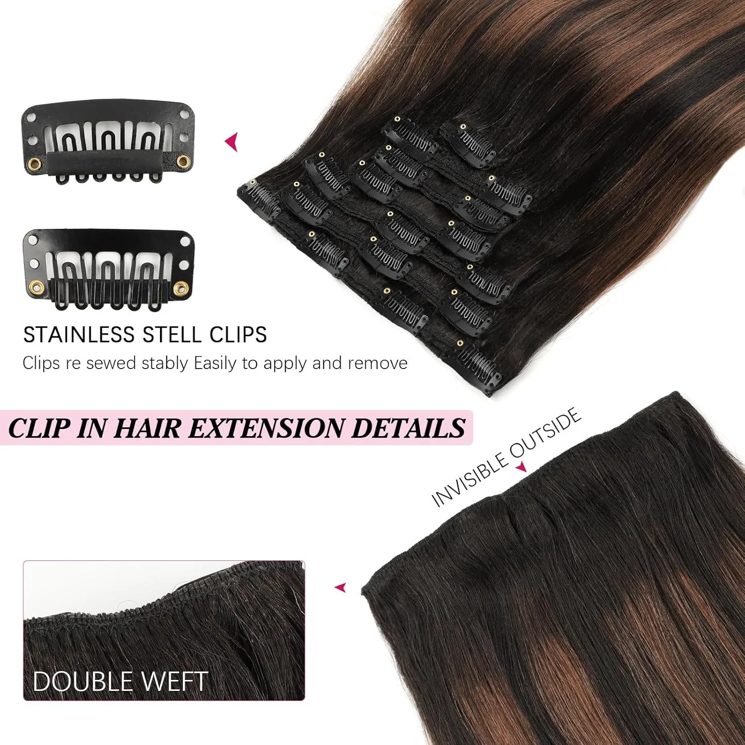 Clip in Hair Extensions Real Human Hair Yaki Straight Clip ins Natural Black to Piano Color Black With Chocolate Brown Hair Extensions Clip in Double Weft Yaki Clip ins 14 Inch 7Pcs 120g