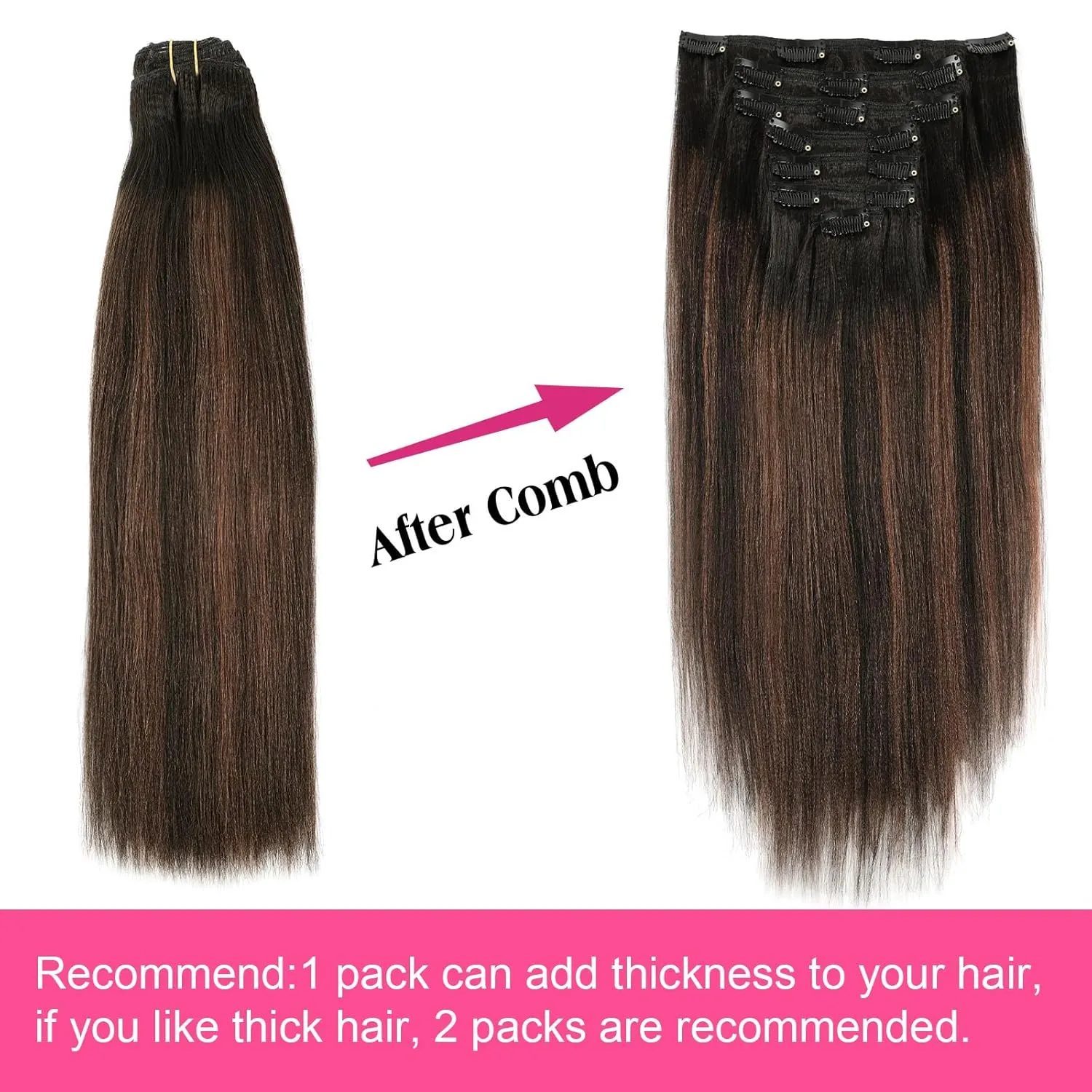 Clip in Hair Extensions Real Human Hair Yaki Straight Clip ins Natural Black to Piano Color Black With Chocolate Brown Hair Extensions Clip in Double Weft Yaki Clip ins 14 Inch 7Pcs 120g