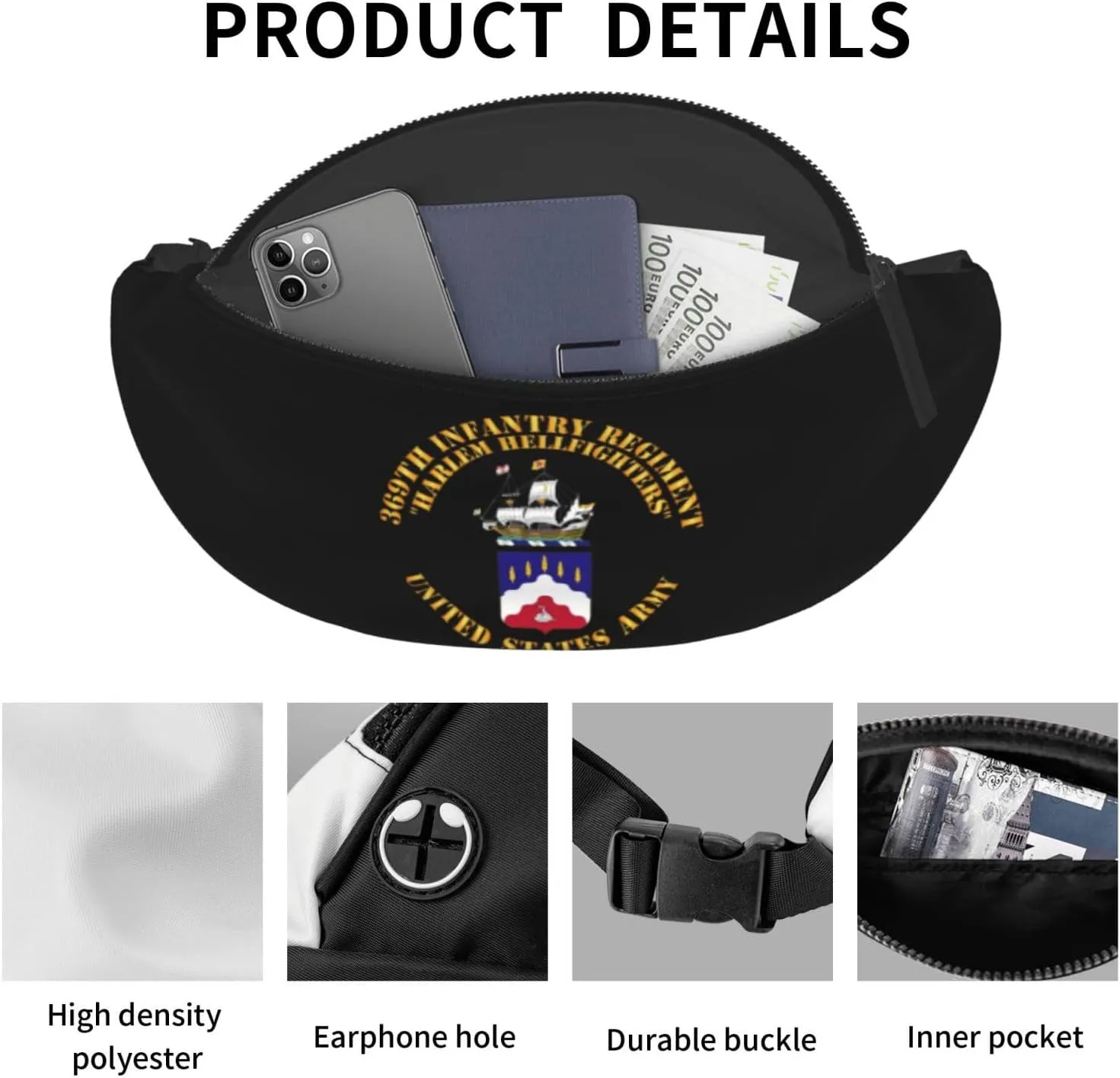 Coa - 369th Infantry Regiment - Harlem Hellfighters Unisex Leisure Waist Bag Outdoor Sports Running Waist Bag Business Travel Mobile Phone Bag