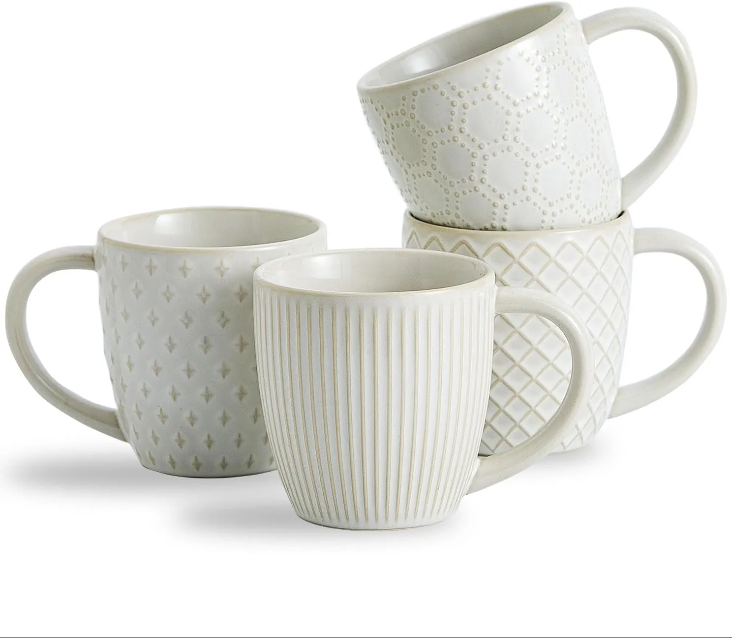 Coffee Mugs 14 OZ,Ceramic Mug Set,Embossed coffee cups ceramic for Espresso,Cappuccino,Tea,Hot Cocoa,Mocha,Suit For Housewarming Wedding,Set of 4(Oyster Shell White)