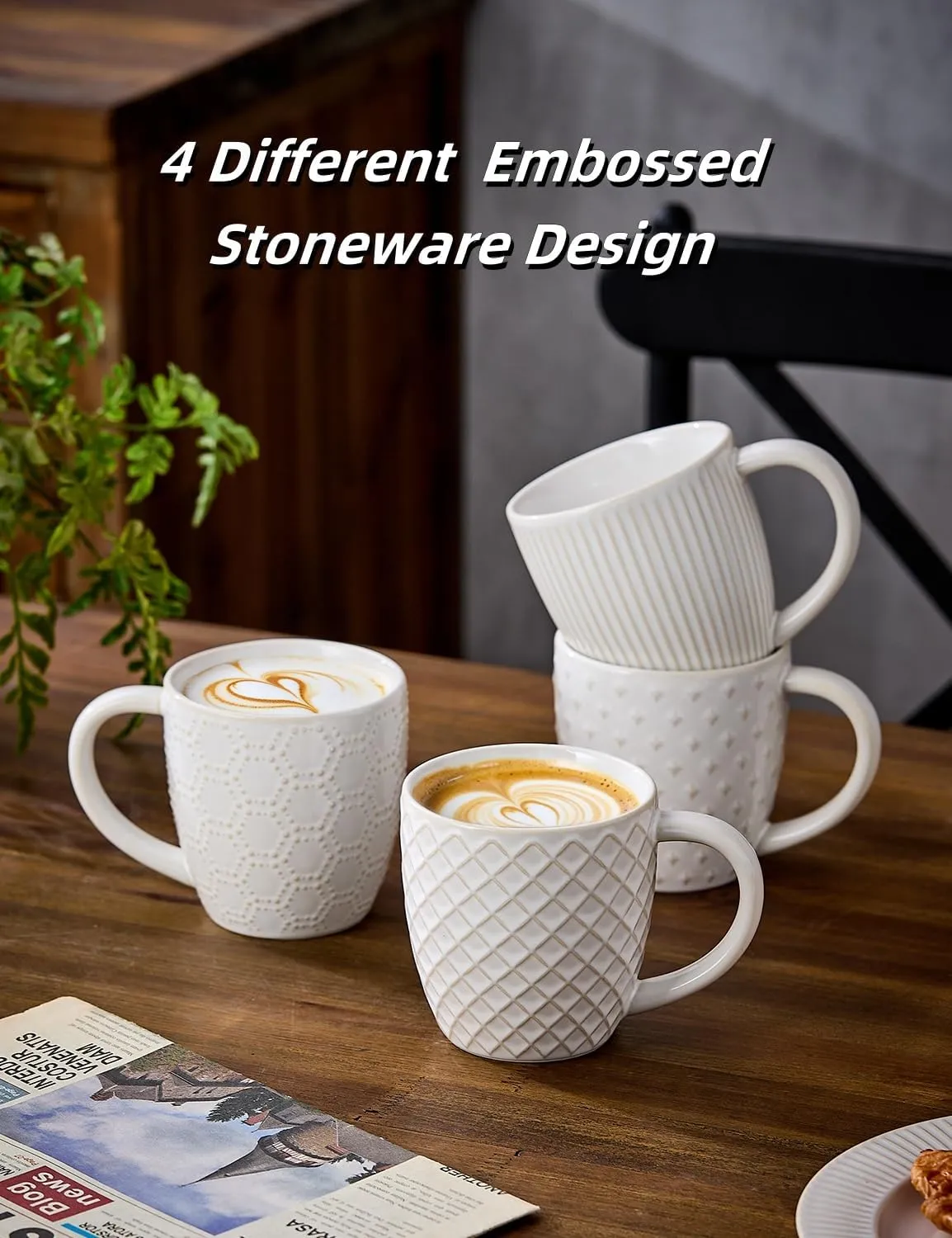 Coffee Mugs 14 OZ,Ceramic Mug Set,Embossed coffee cups ceramic for Espresso,Cappuccino,Tea,Hot Cocoa,Mocha,Suit For Housewarming Wedding,Set of 4(Oyster Shell White)