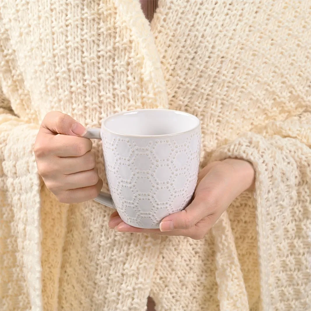 Coffee Mugs 14 OZ,Ceramic Mug Set,Embossed coffee cups ceramic for Espresso,Cappuccino,Tea,Hot Cocoa,Mocha,Suit For Housewarming Wedding,Set of 4(Oyster Shell White)