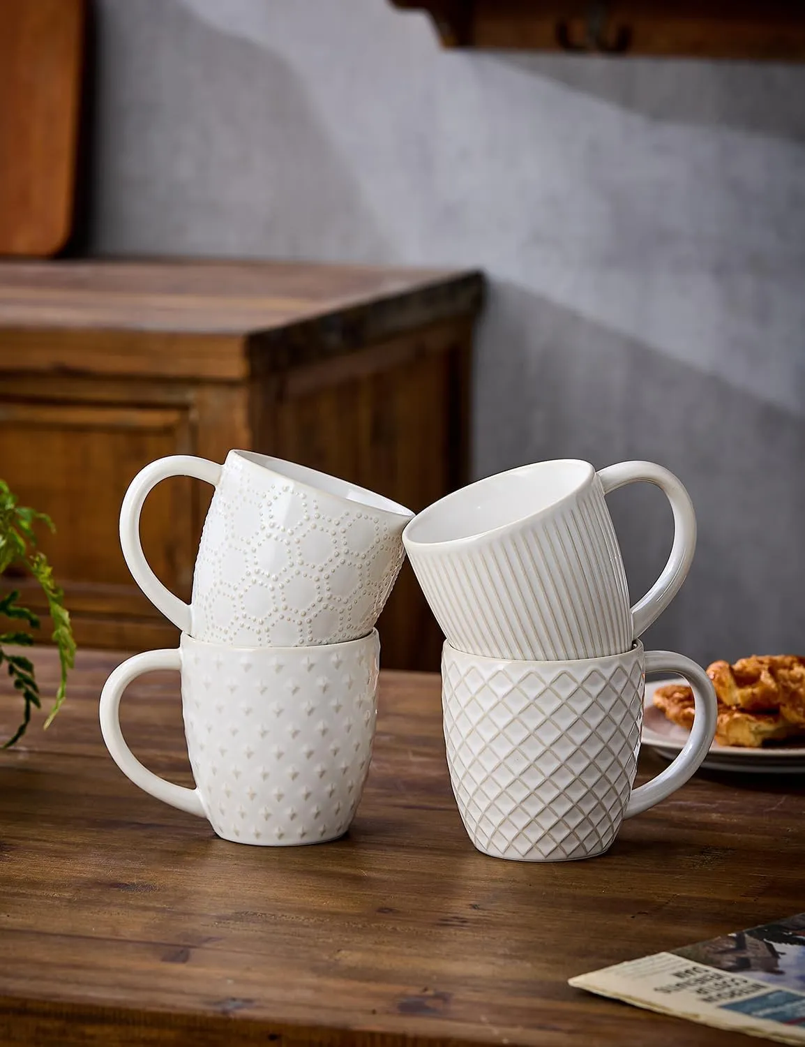 Coffee Mugs 14 OZ,Ceramic Mug Set,Embossed coffee cups ceramic for Espresso,Cappuccino,Tea,Hot Cocoa,Mocha,Suit For Housewarming Wedding,Set of 4(Oyster Shell White)