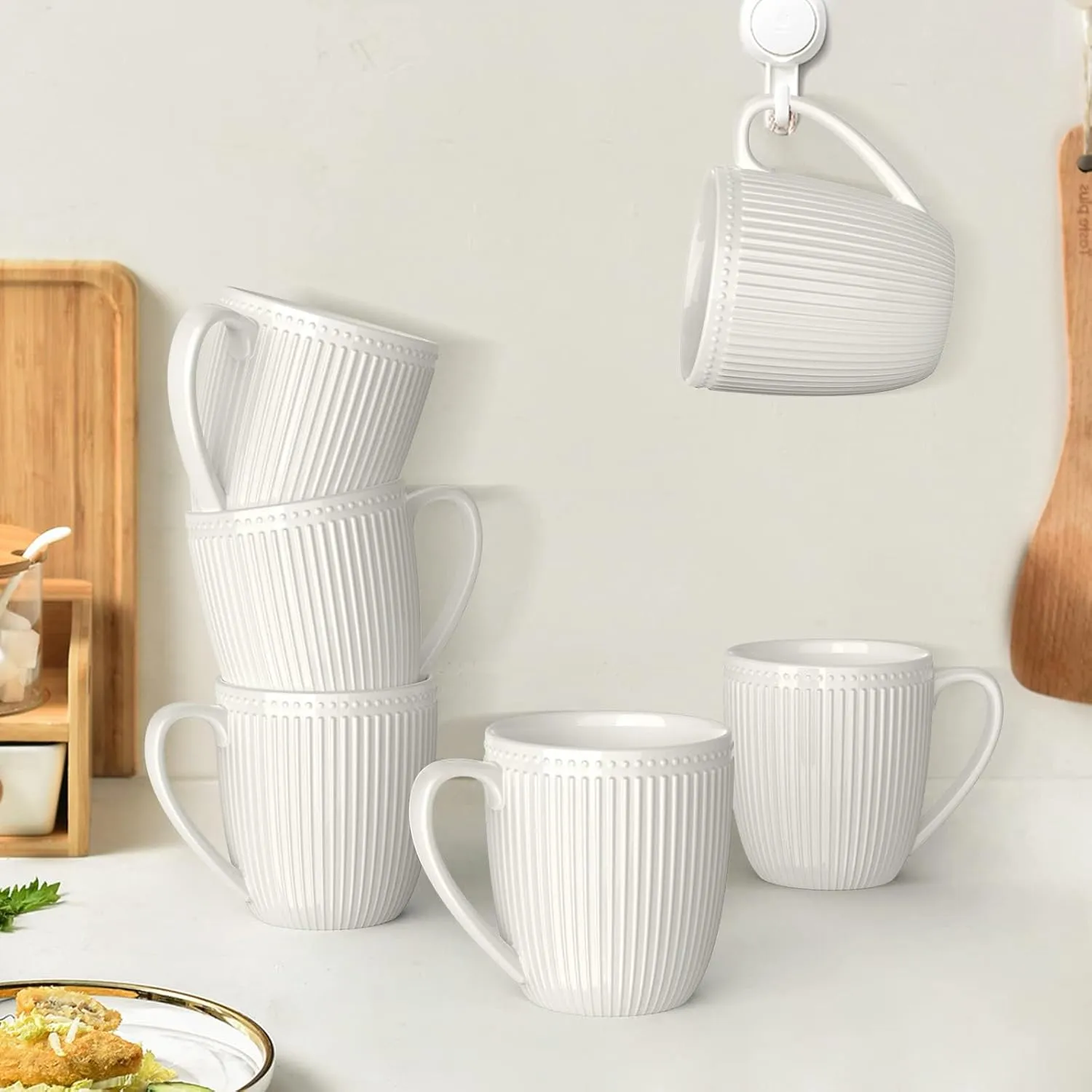 Coffee Mugs Set of 6, 16 Oz White Coffee Mugs, Porcelain Mugs, Large and Easy to Grip Mug Sets, Embossed Coffee Cup Set for Coffee, White