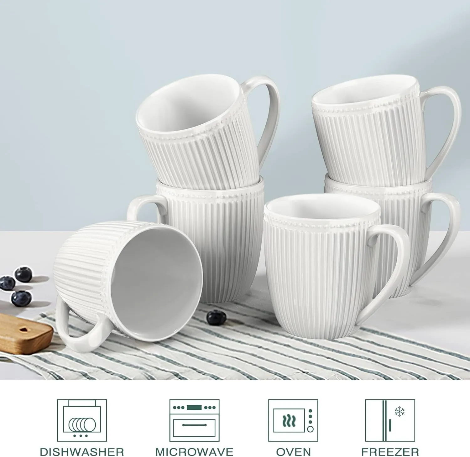 Coffee Mugs Set of 6, 16 Oz White Coffee Mugs, Porcelain Mugs, Large and Easy to Grip Mug Sets, Embossed Coffee Cup Set for Coffee, White