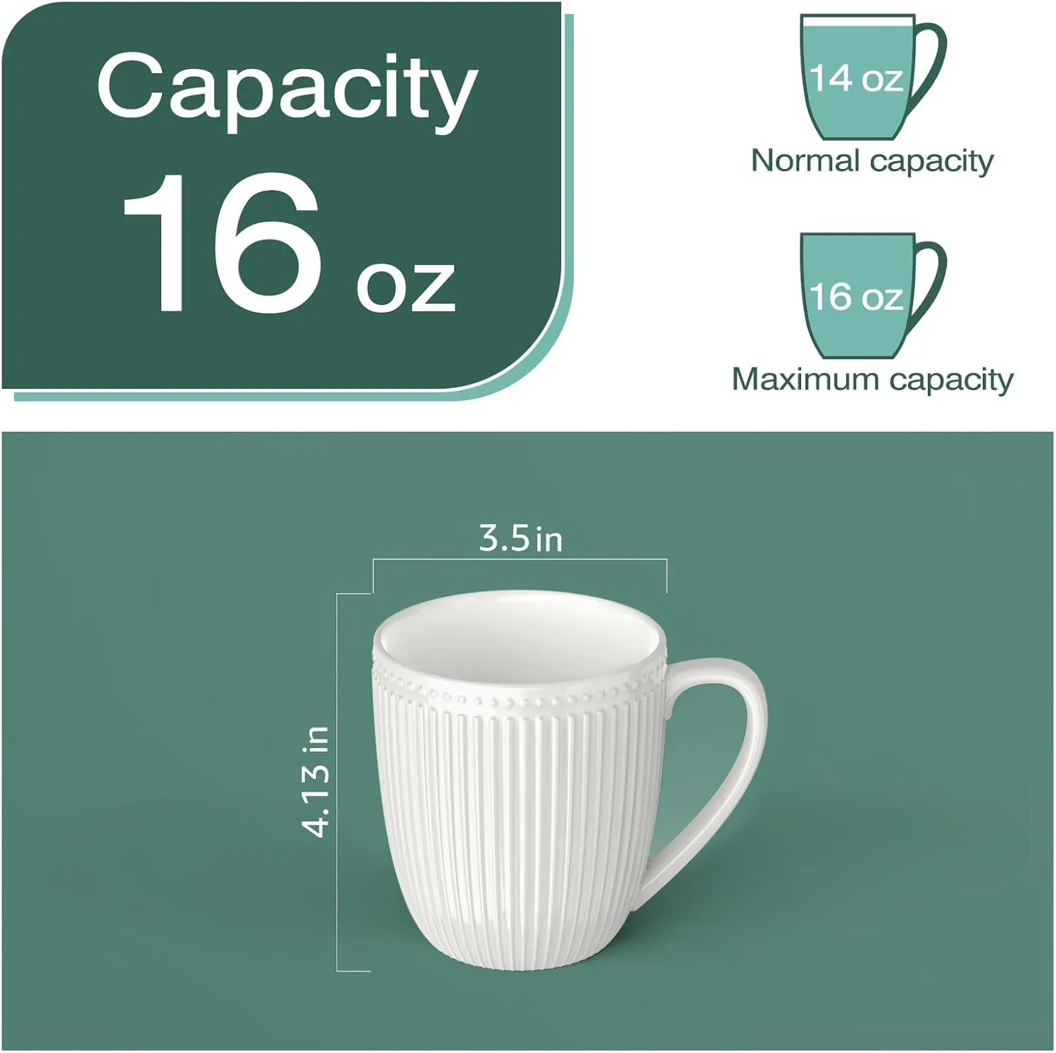 Coffee Mugs Set of 6, 16 Oz White Coffee Mugs, Porcelain Mugs, Large and Easy to Grip Mug Sets, Embossed Coffee Cup Set for Coffee, White