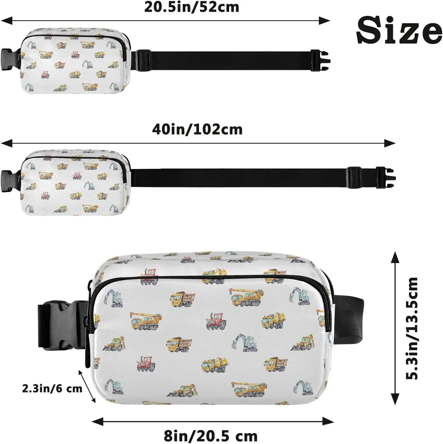 Colorful Cars Truck Excavator Waterproof Fanny Packs for Women Belt Bag Hip Pack Funky Travel Waist Pack for Men