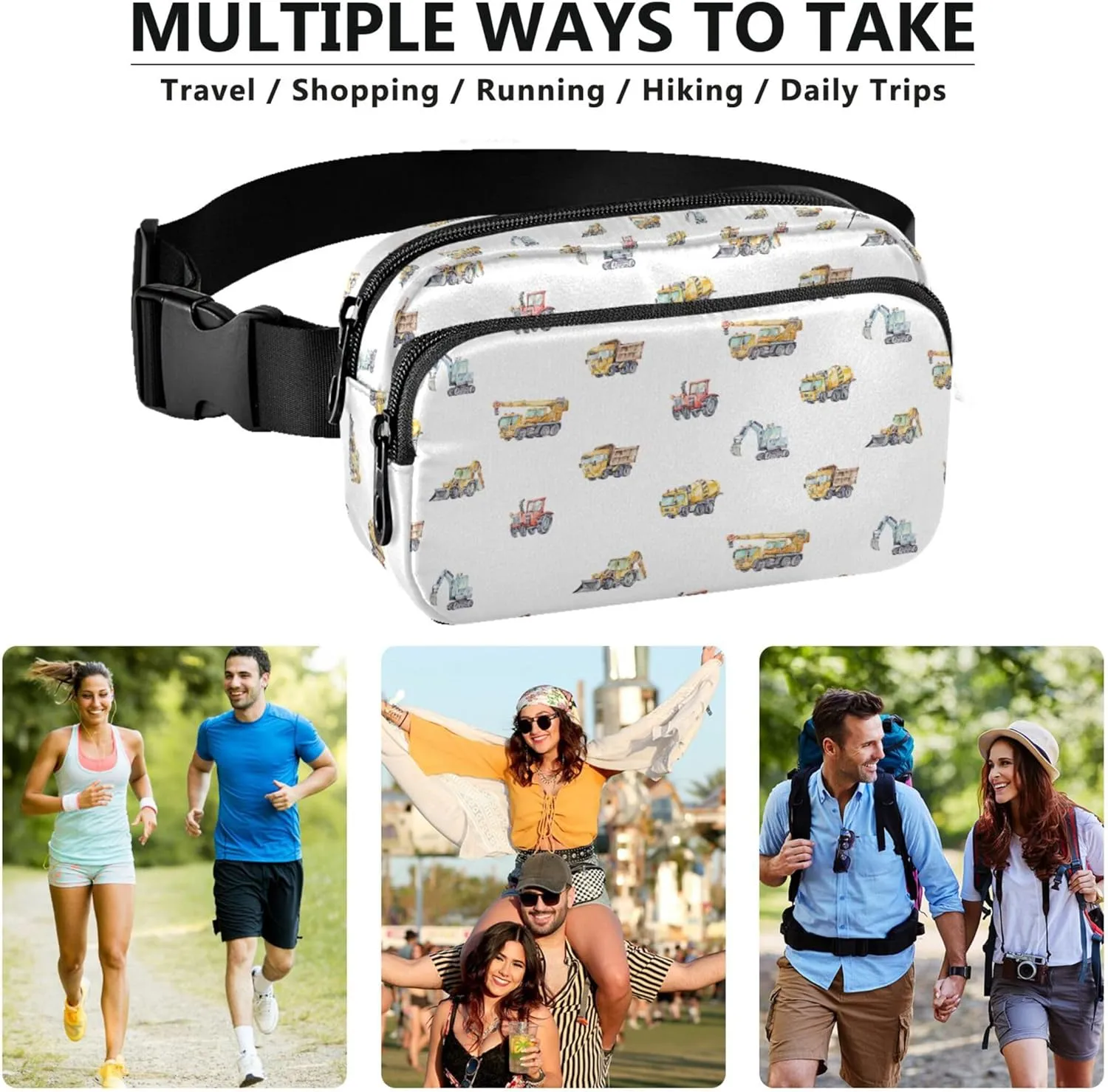 Colorful Cars Truck Excavator Waterproof Fanny Packs for Women Belt Bag Hip Pack Funky Travel Waist Pack for Men