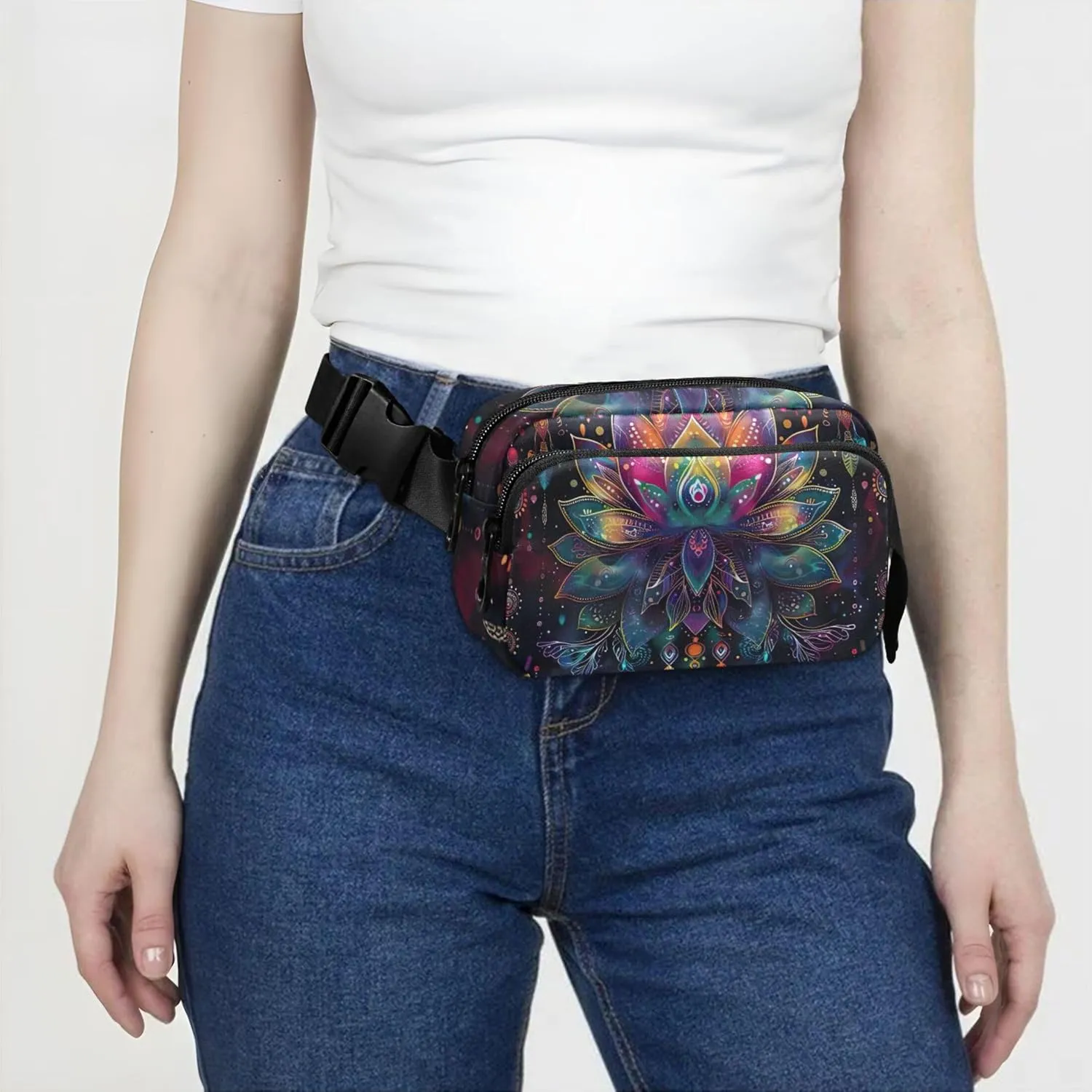 Colorful Lotus Mandala Print Womens Fanny Pack Waterproof Hip Pack Belt Pouch Cute Waist Pack for Women