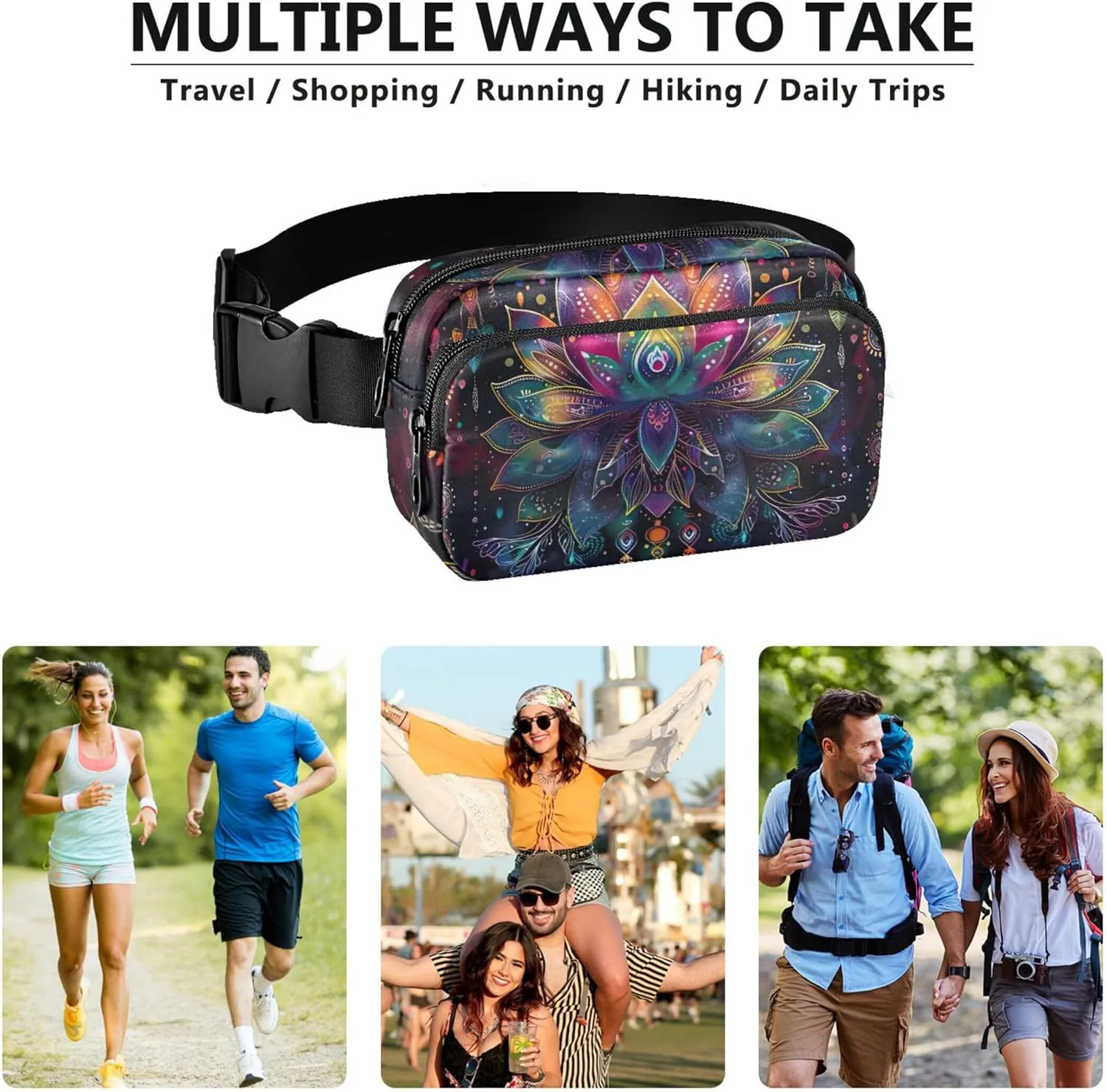 Colorful Lotus Mandala Print Womens Fanny Pack Waterproof Hip Pack Belt Pouch Cute Waist Pack for Women