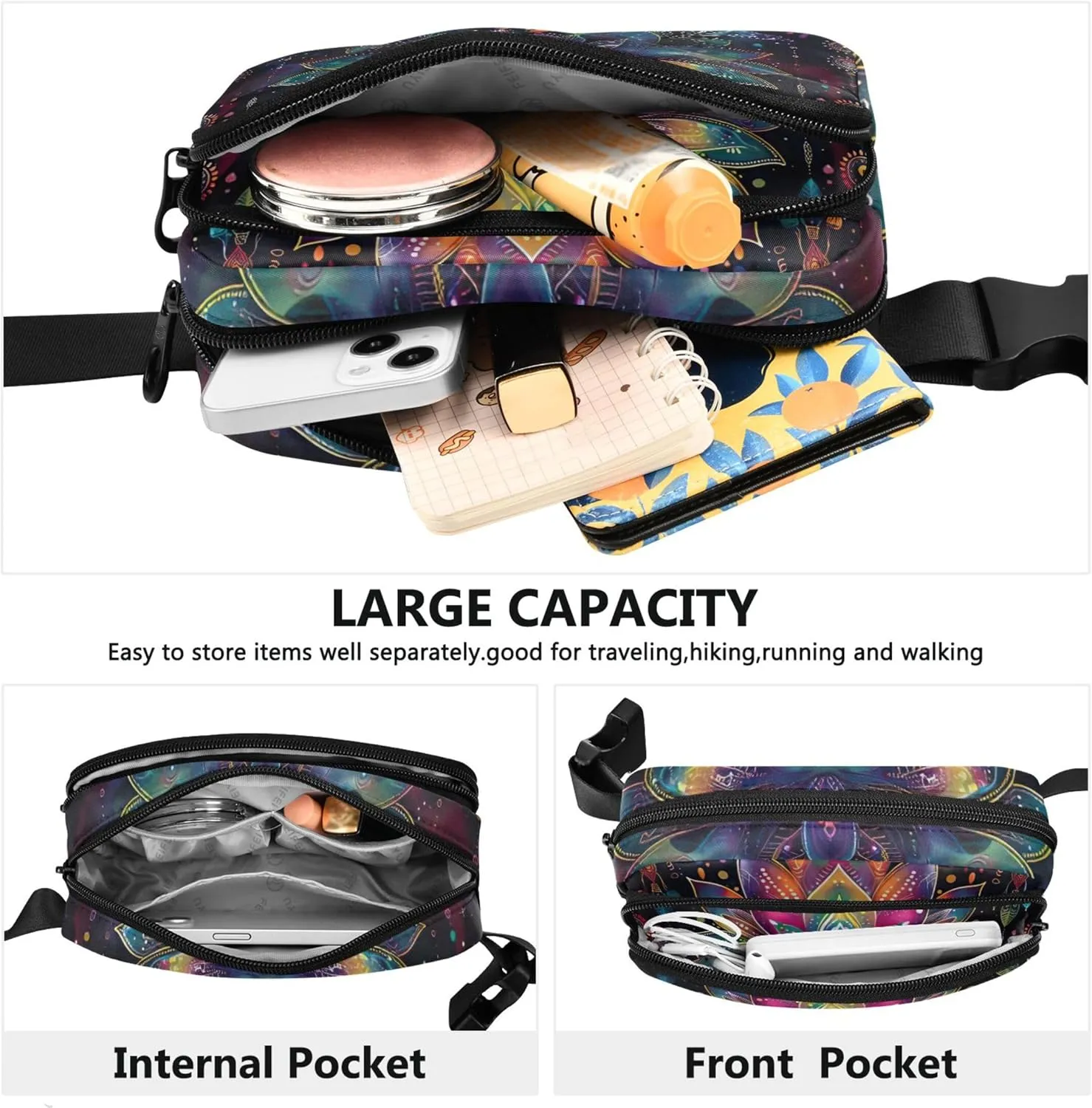 Colorful Lotus Mandala Print Womens Fanny Pack Waterproof Hip Pack Belt Pouch Cute Waist Pack for Women