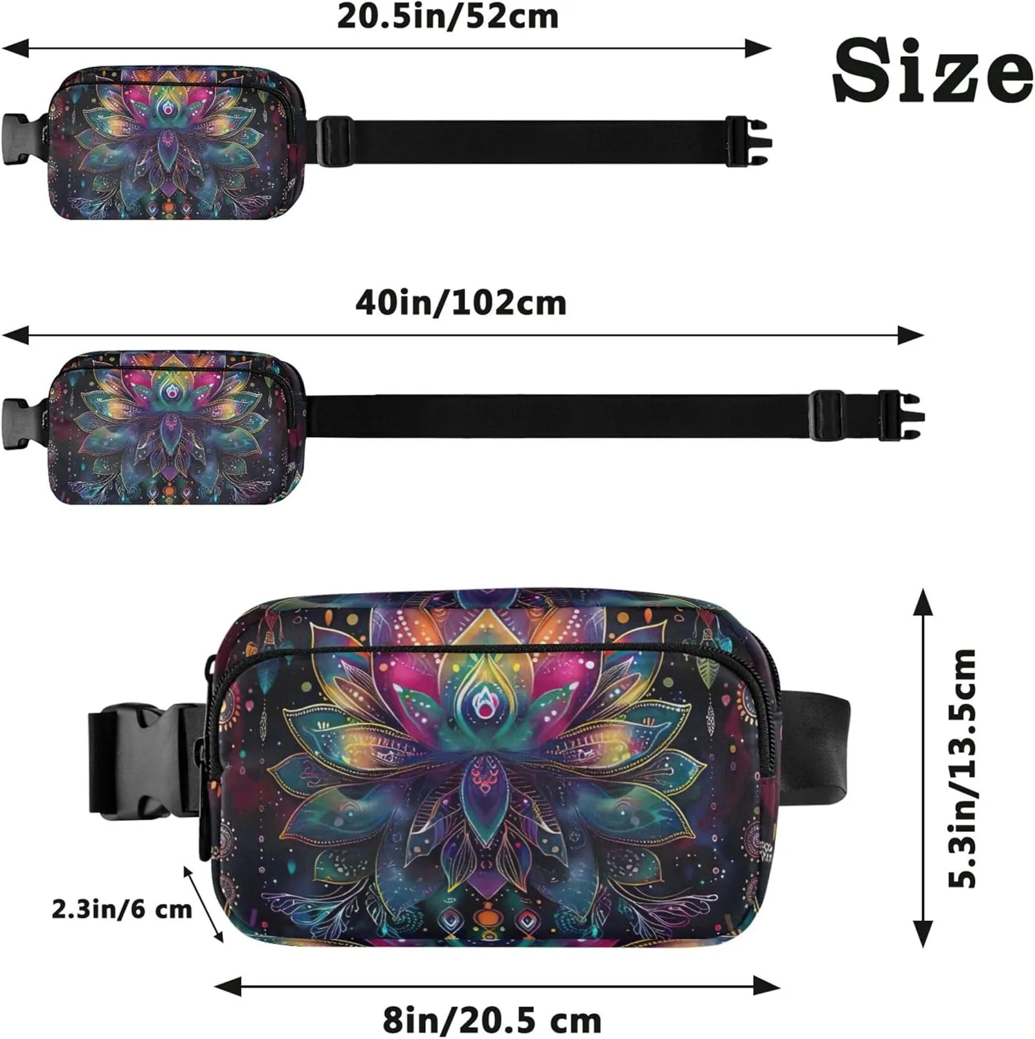 Colorful Lotus Mandala Print Womens Fanny Pack Waterproof Hip Pack Belt Pouch Cute Waist Pack for Women