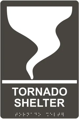 ComplianceSigns.com Tornado Shelter Sign, ADA-Compliant Braille and Raised Letters, 9x6 in. Charcoal Gray Acrylic Plastic with Adhesive Mounting Strips