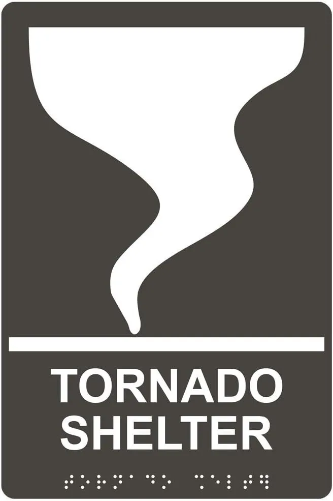 ComplianceSigns.com Tornado Shelter Sign, ADA-Compliant Braille and Raised Letters, 9x6 in. Charcoal Gray Acrylic Plastic with Adhesive Mounting Strips