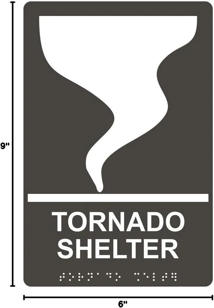 ComplianceSigns.com Tornado Shelter Sign, ADA-Compliant Braille and Raised Letters, 9x6 in. Charcoal Gray Acrylic Plastic with Adhesive Mounting Strips