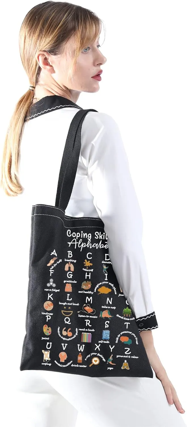 Coping Skills Alphabet Tote Bag Counselor Handbag Mental Health Awareness Bag Therapist Bag