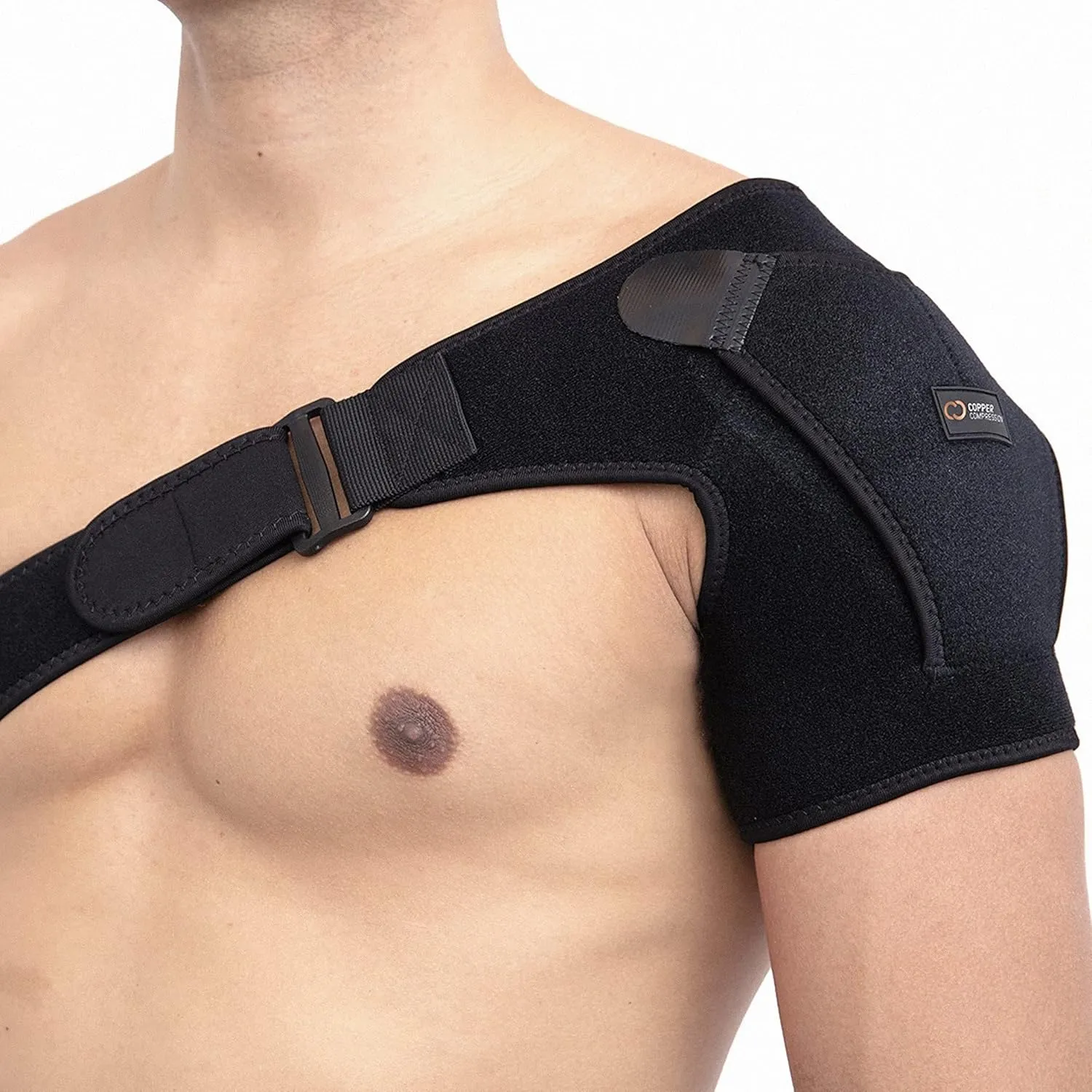 Copper Compression Recovery Shoulder Brace - Immobilizer for Torn Rotator Cuff, AC Joint Pain Relief, Dislocation, Arm Stability, Injuries, Tears - Adjustable Fits Men, Women - Black Plus Size - L/XL