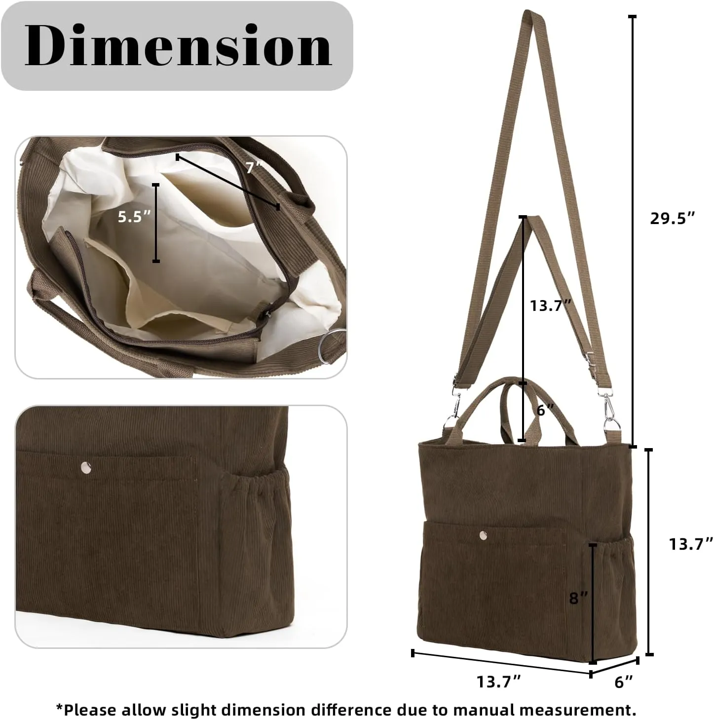Corduroy Tote Bag for Women Large Crossbody Bags Shoulder Tote Bag with Multi Pockets Satchel Bags Handbag for Work