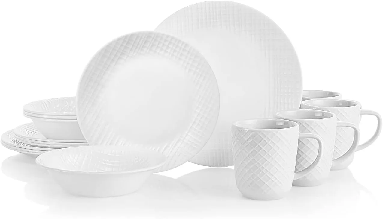 Corelle Linen Weave Embossed 16-Piece Dinnerware Set, Service for 4,White, ‎28.5 x 14 x 27 cm; 362.87 Grams