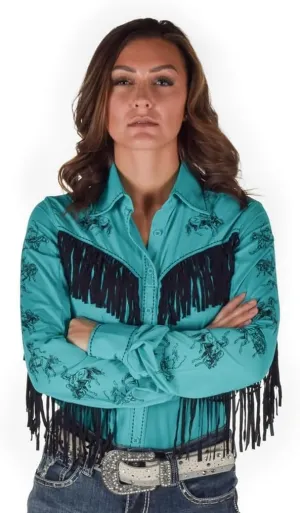 Cowgirl Tuff Western Shirt Womens L/S Fringe Horse Turquoise 100826