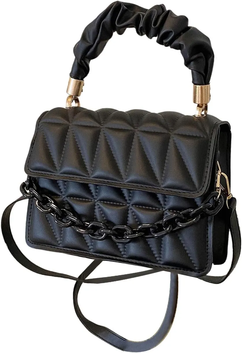 COZYEASE Women's PU Leather Chain Handbag Ruched Top Handle Satchel Purse Squared Shoulder Bags