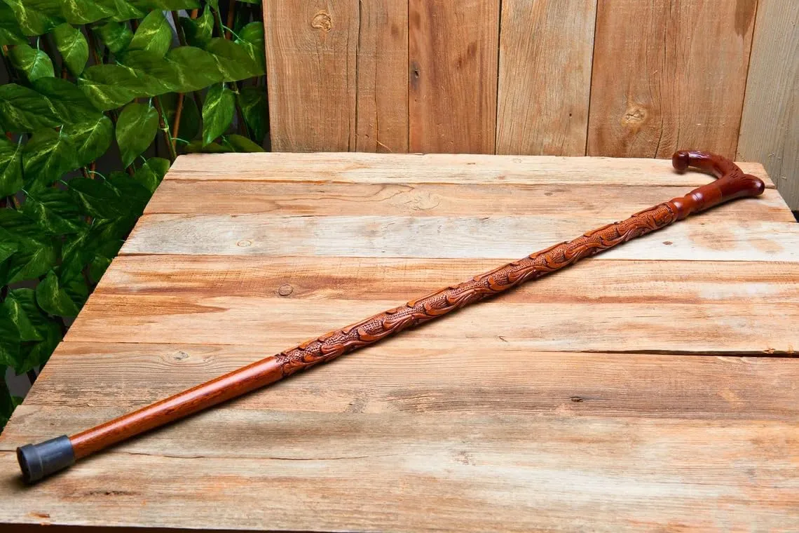 Craved Engraved Wooden Walking Stick,Cane - Premium Lightweight Walking Cane With Ergonomic Palm Grip Handle - 36" Designer Handmade Elegant Carved Canes For Men Women Comfortable Best Gift Idea