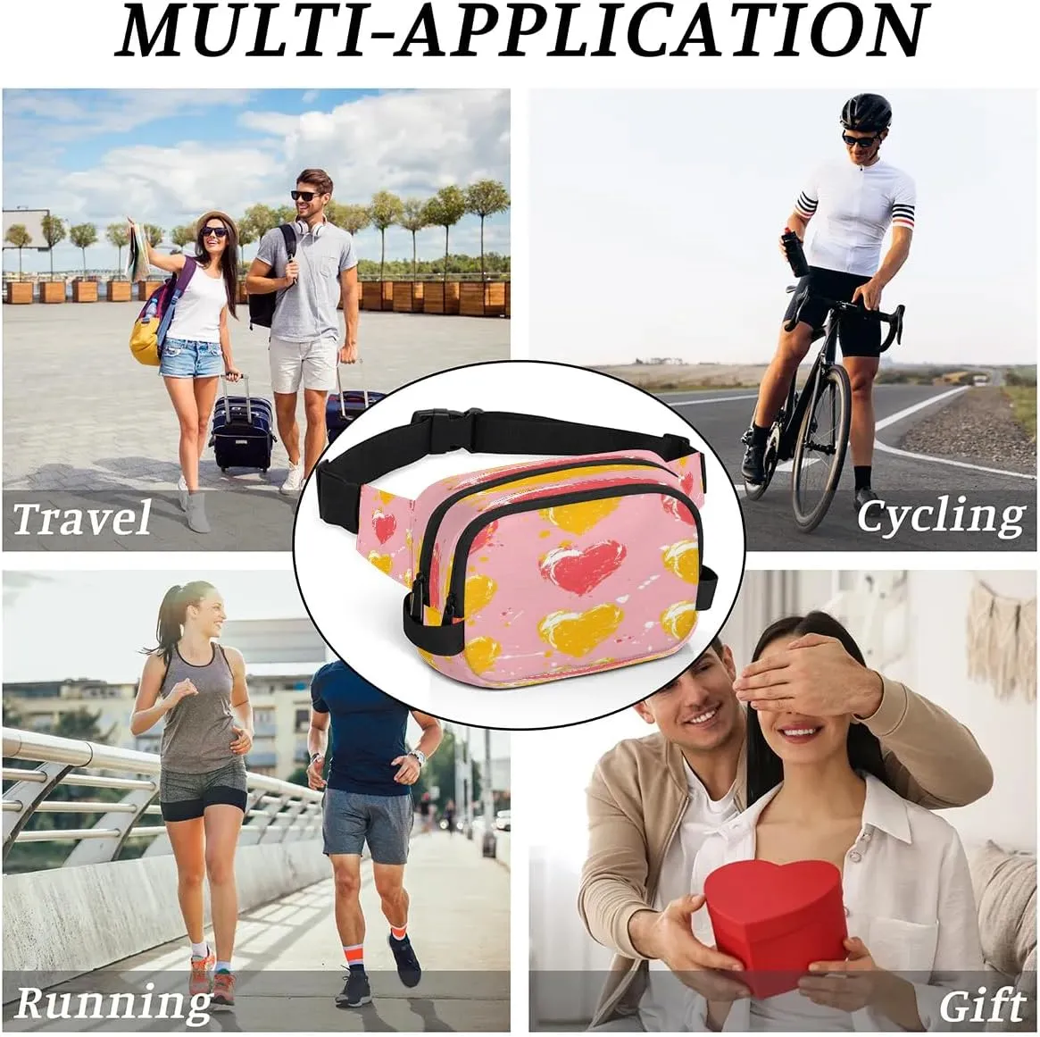 Creative Heart Prints Fanny Packs for Women Men Waterproof Waist Bag with Adjustable Strap Belt Bag for Travel Running Hiking