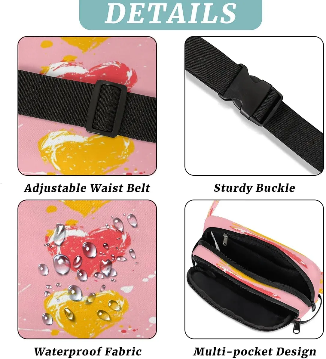 Creative Heart Prints Fanny Packs for Women Men Waterproof Waist Bag with Adjustable Strap Belt Bag for Travel Running Hiking