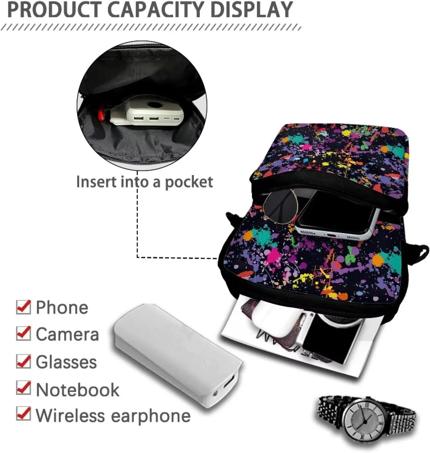 Crossbody Bag Sling Purse Fanny Pack for Women Men Anti Theft Small Backpack Fanny Pack Crossbody Chest Bags Purse Everywhere Belt Bag with Adjustable Strap, Pigment Splash Print
